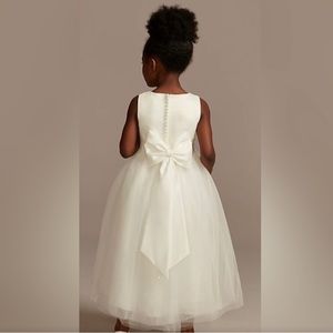 David’s Bridal Ivory Satin Flower Girl Dress with Tulle Skirt
